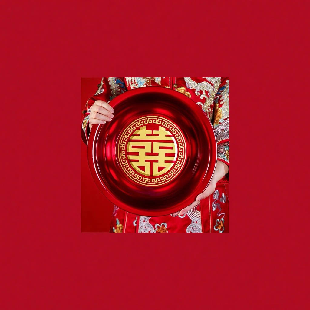 Red double happiness plate, a round ceramic festive tableware for home wedding decoration details Picture