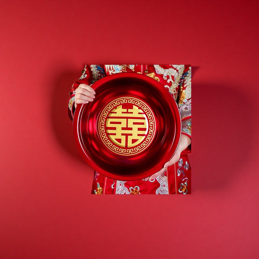 Red double happiness plate, a round ceramic festive tableware for home wedding decoration