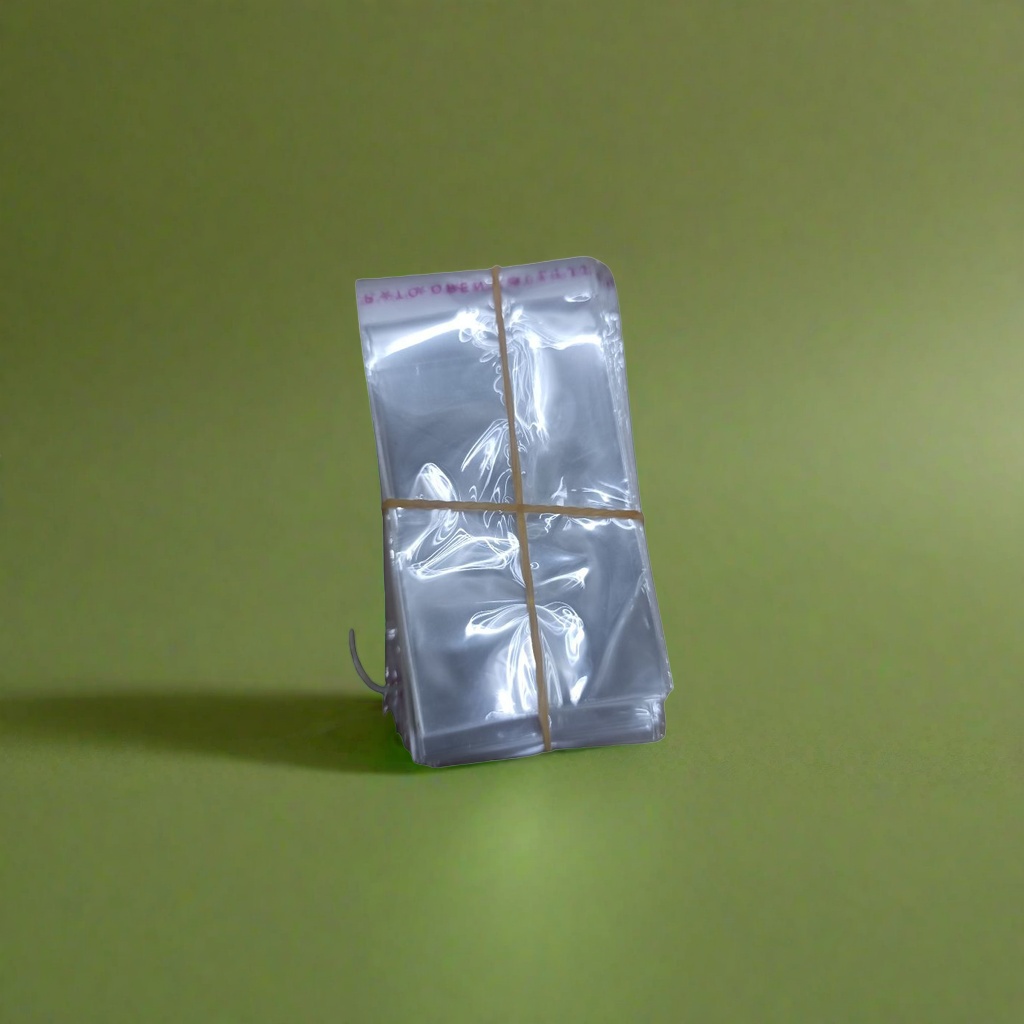 Transparent plastic bags are stacked for storage, tied with yellow rubber bands and made of food-grade PP material Specification image