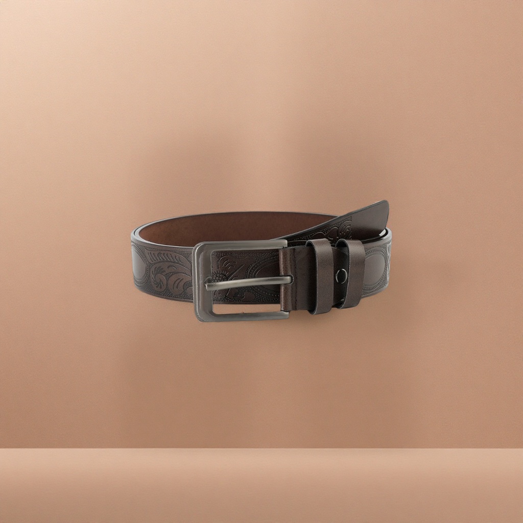 Brown carved genuine leather men's belt, classic, versatile and simple business belt