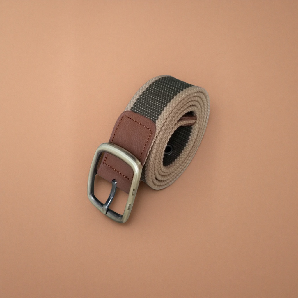 Beige and dark grey patchwork fabric belt with brown leather lining and metal buckle details Picture