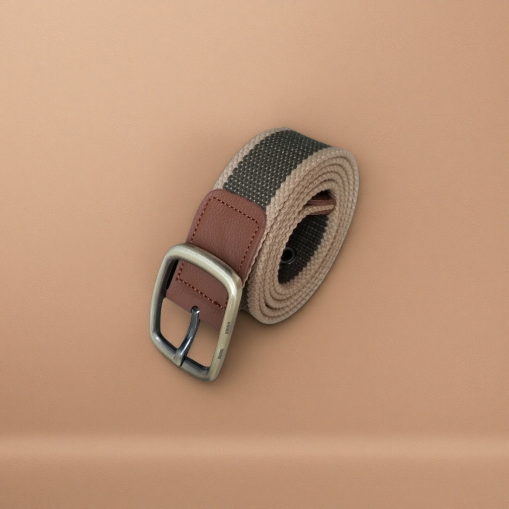 Beige and dark grey patchwork fabric belt with brown leather lining and metal buckle