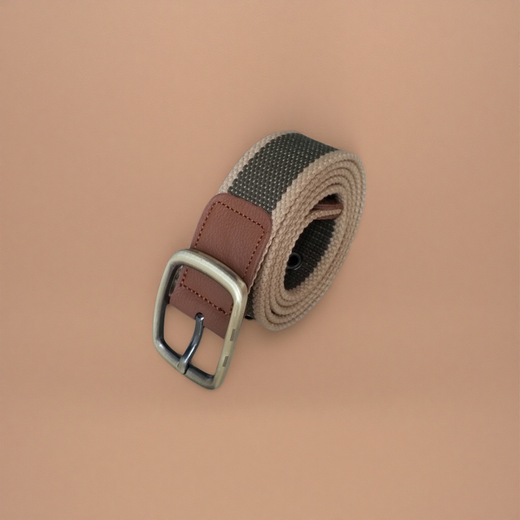 Beige and dark grey patchwork fabric belt with brown leather lining and metal buckle Specification image