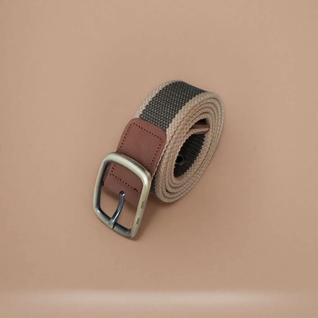 Beige and dark grey patchwork fabric belt with brown leather lining and metal buckle Application Scenario