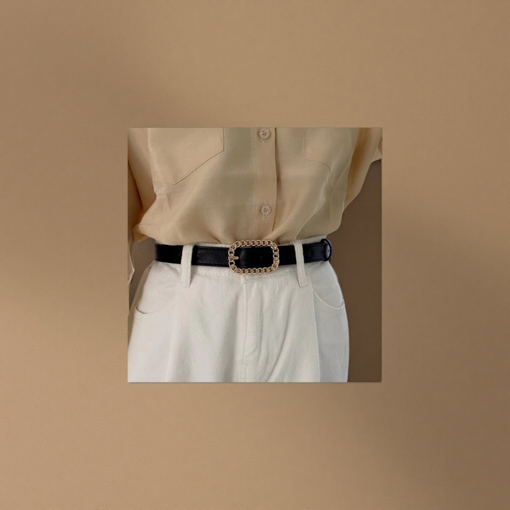 A simple and versatile men's leather belt with a black belt and golden chain buckle Specification image