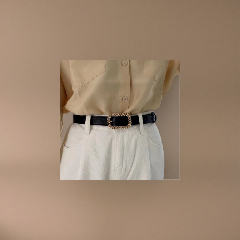A simple and versatile men's leather belt with a black belt and golden chain buckle Application Scenario