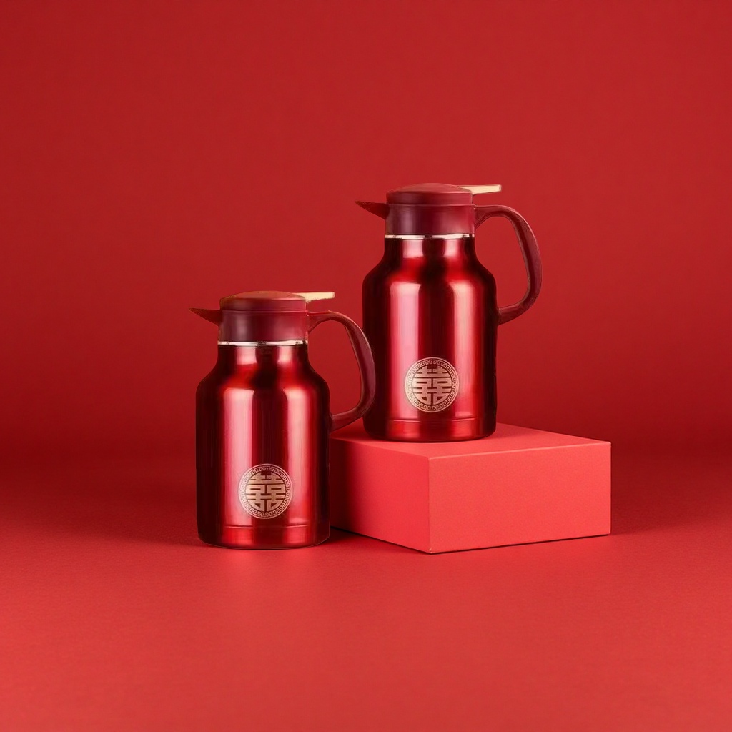 The red stainless steel insulated kettle set includes a large and a small double kettle, a golden double happiness character gift box, and a century-old harmony Specification image
