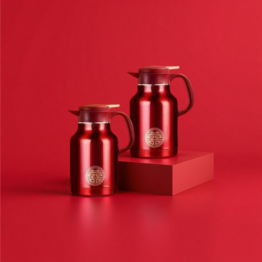 The red stainless steel insulated kettle set includes a large and a small double kettle, a golden double happiness character gift box, and a century-old harmony Application Scenario