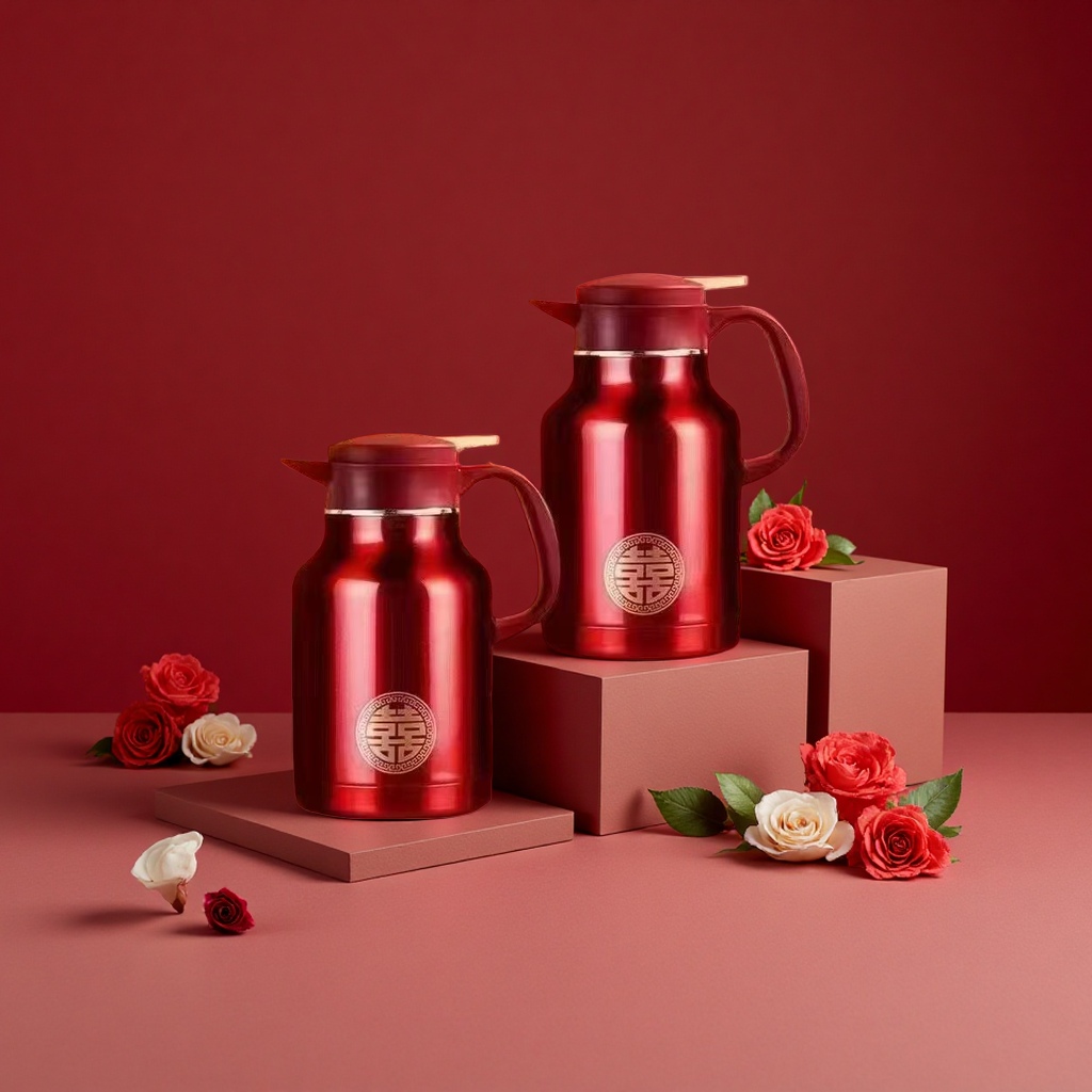 The red stainless steel insulated kettle set includes a large and a small double kettle, a golden double happiness character gift box, and a century-old harmony