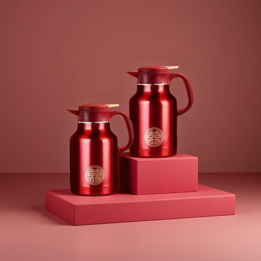 The red stainless steel insulated kettle set includes a large and a small double kettle, a golden double happiness character gift box, and a century-old harmony details Picture