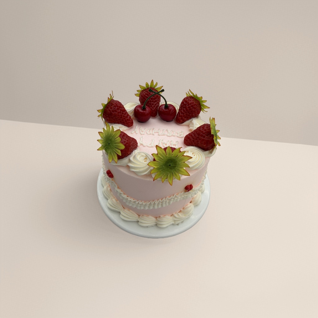粉色草莓樱桃蛋糕 白色奶油花边装饰 绿色花形点缀 白盘装 Application Scenario