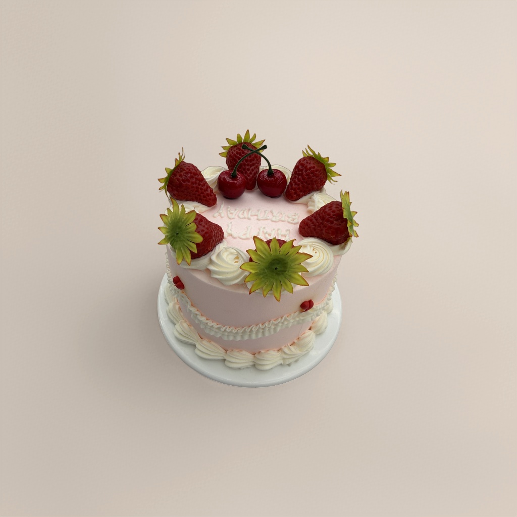 粉色草莓樱桃蛋糕 白色奶油花边装饰 绿色花形点缀 白盘装 details Picture