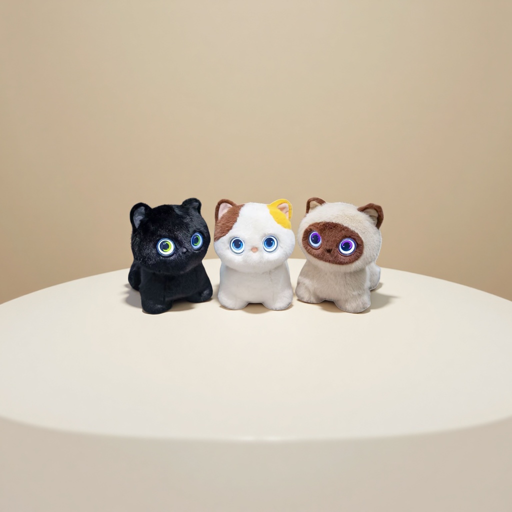 三只发光眼睛的毛绒猫咪玩具产品图