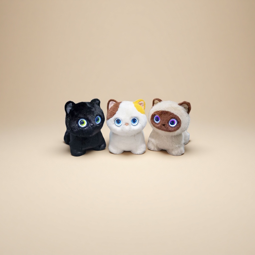 三只发光眼睛的毛绒猫咪玩具细节图