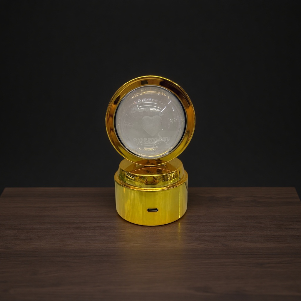 The golden base and transparent sphere are engraved with heart-shaped patterns and the words "everyday" Application Scenario