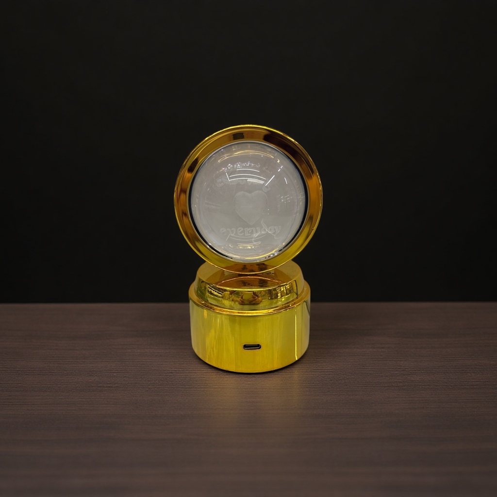 The golden base and transparent sphere are engraved with heart-shaped patterns and the words "everyday" Specification image