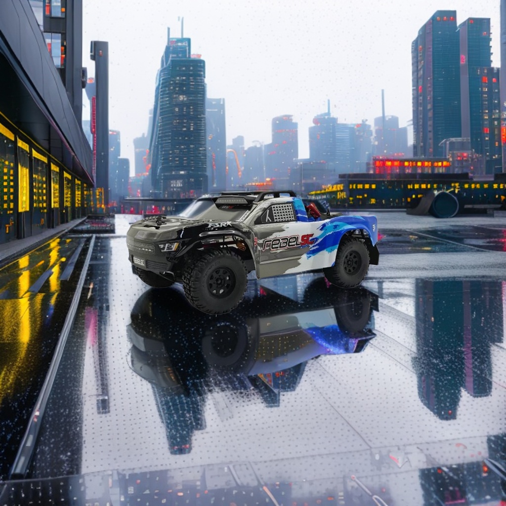 A high-simulation alloy model of 2.4G remote-controlled four-wheel drive shock absorption for a blue-black and grey painted remote-controlled off-road pickup truck details Picture