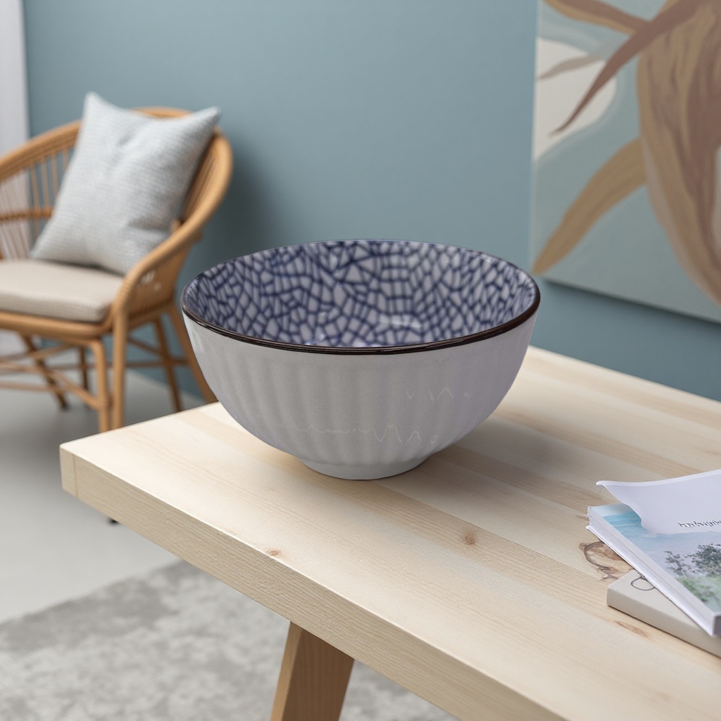Household ceramic tableware with blue and white grid patterns on the inner wall of a white striped bowl