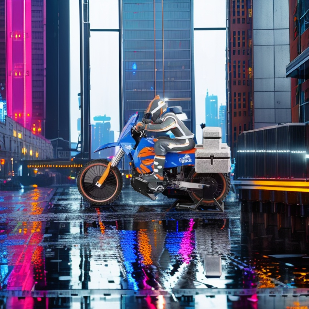 A blue and orange off-road motorcycle with a rider and a rear storage box details Picture