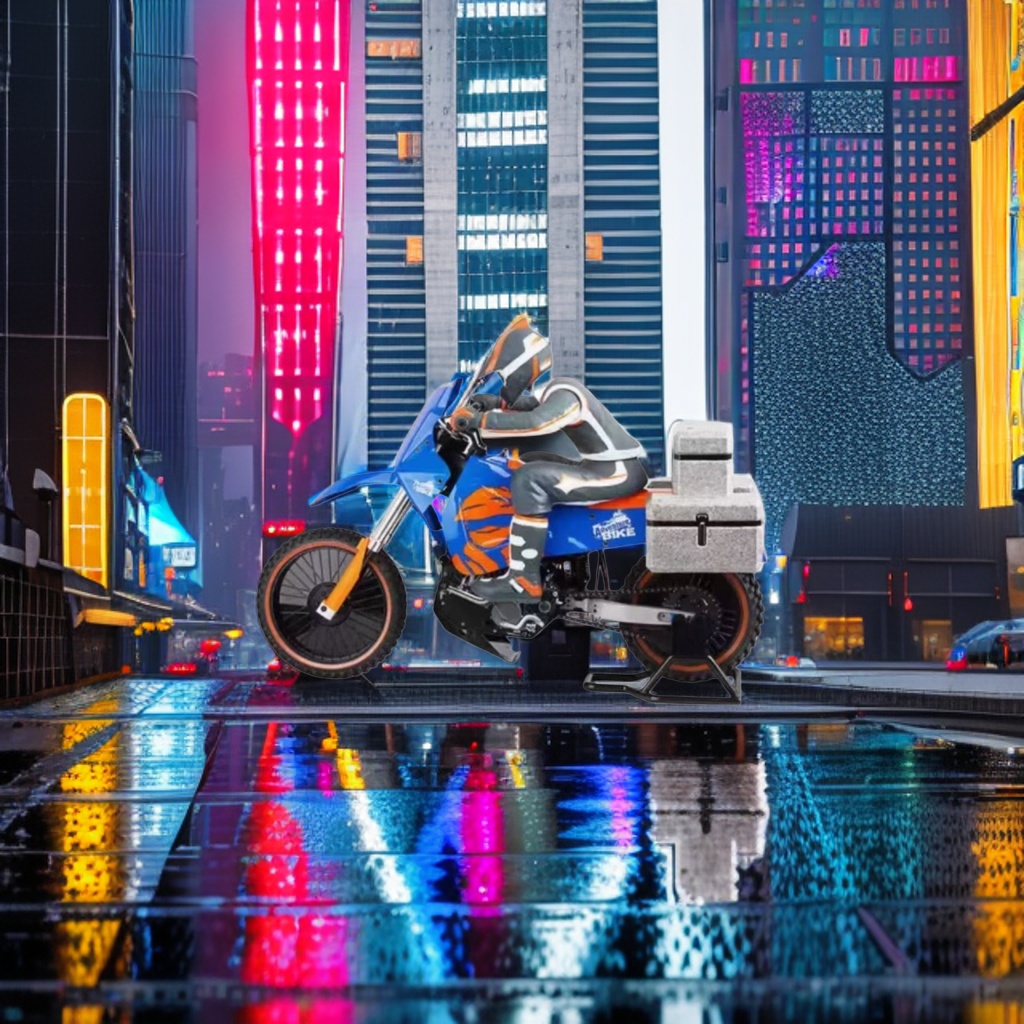 A blue and orange off-road motorcycle with a rider and a rear storage box Specification image