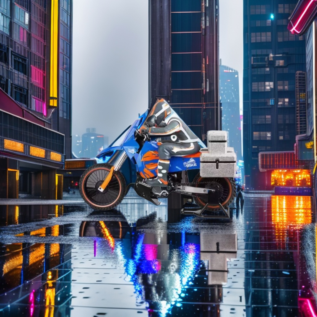 A blue and orange off-road motorcycle with a rider and a rear storage box Application Scenario