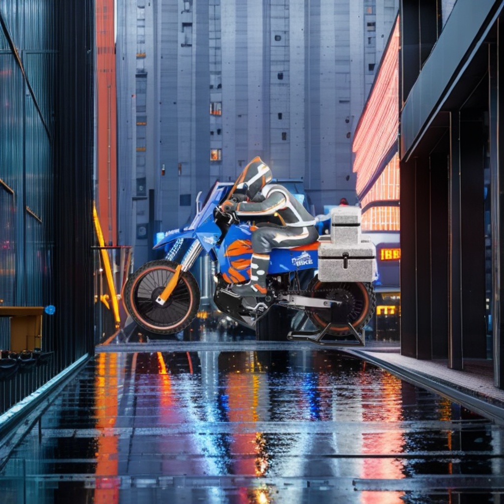 A blue and orange off-road motorcycle with a rider and a rear storage box