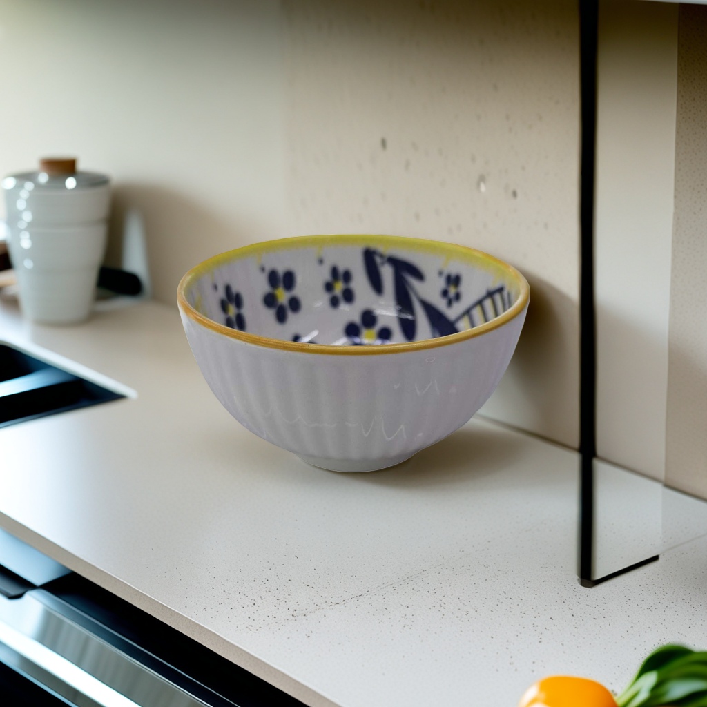 White porcelain bowl with blue flowers and yellow edges, household tableware, ceramic bowl, simple Nordic style Application Scenario