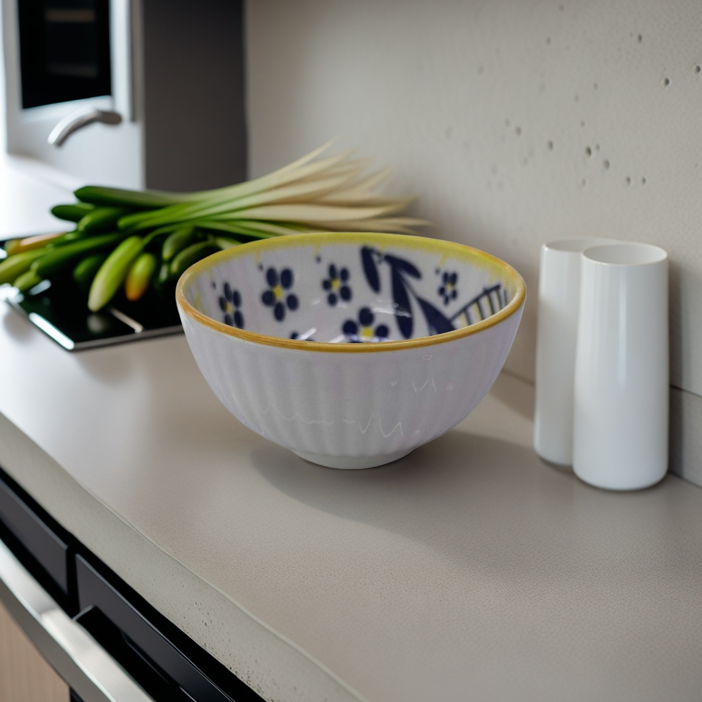 White porcelain bowl with blue flowers and yellow edges, household tableware, ceramic bowl, simple Nordic style