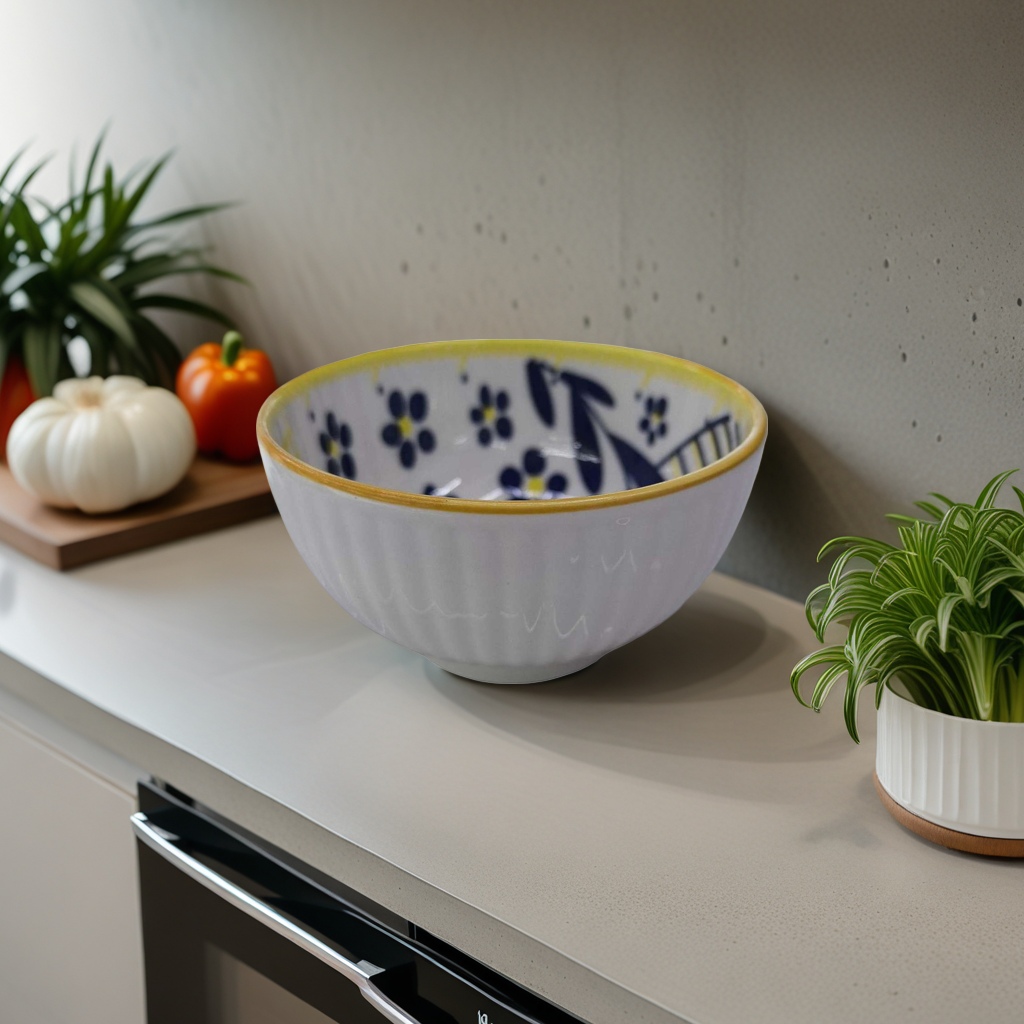White porcelain bowl with blue flowers and yellow edges, household tableware, ceramic bowl, simple Nordic style details Picture