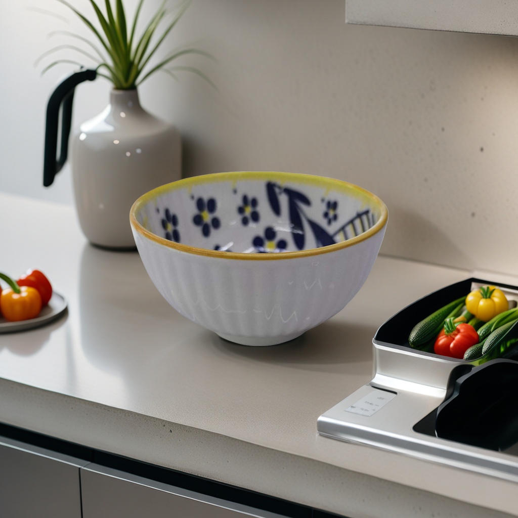 White porcelain bowl with blue flowers and yellow edges, household tableware, ceramic bowl, simple Nordic style Specification image