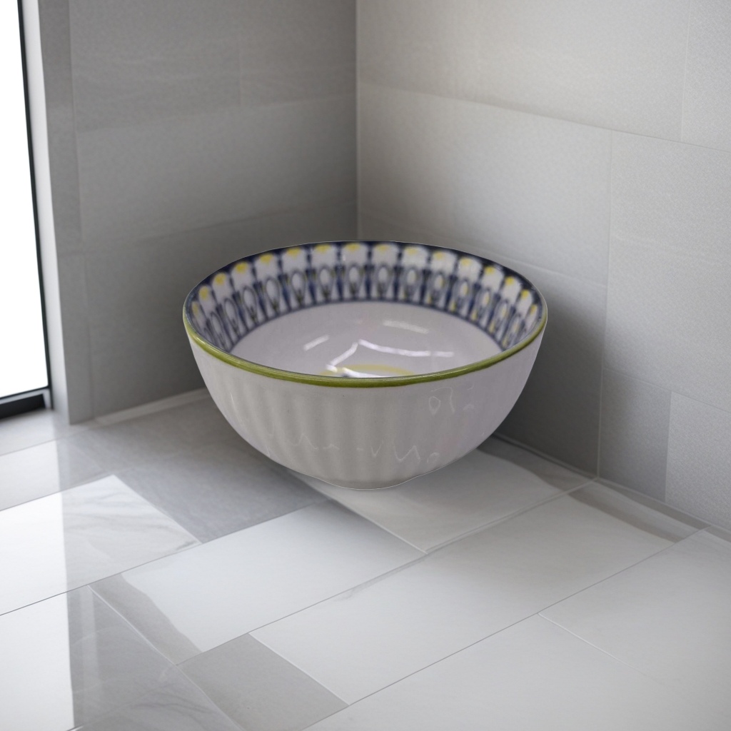 White ceramic bowl with blue and yellow patterns, household rice and soup bowl tableware, simple Nordic style