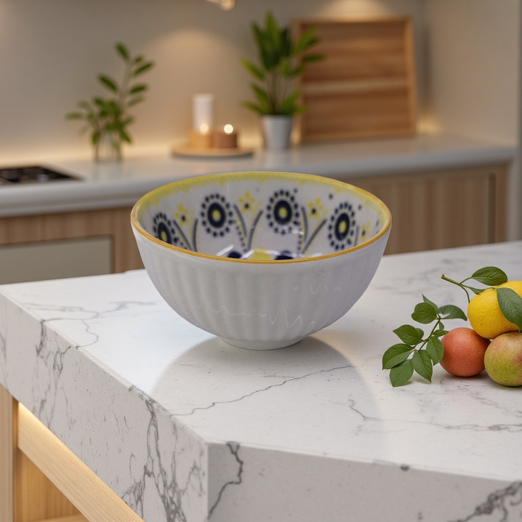 白色带蓝黄花纹陶瓷碗 家用餐具汤碗盛饭碗简约北欧风 details Picture