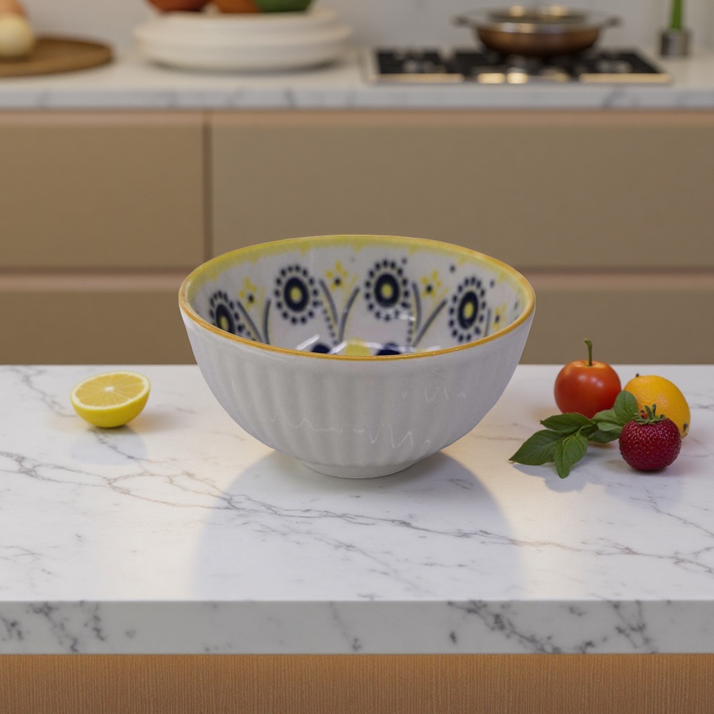 白色带蓝黄花纹陶瓷碗 家用餐具汤碗盛饭碗简约北欧风 Application Scenario