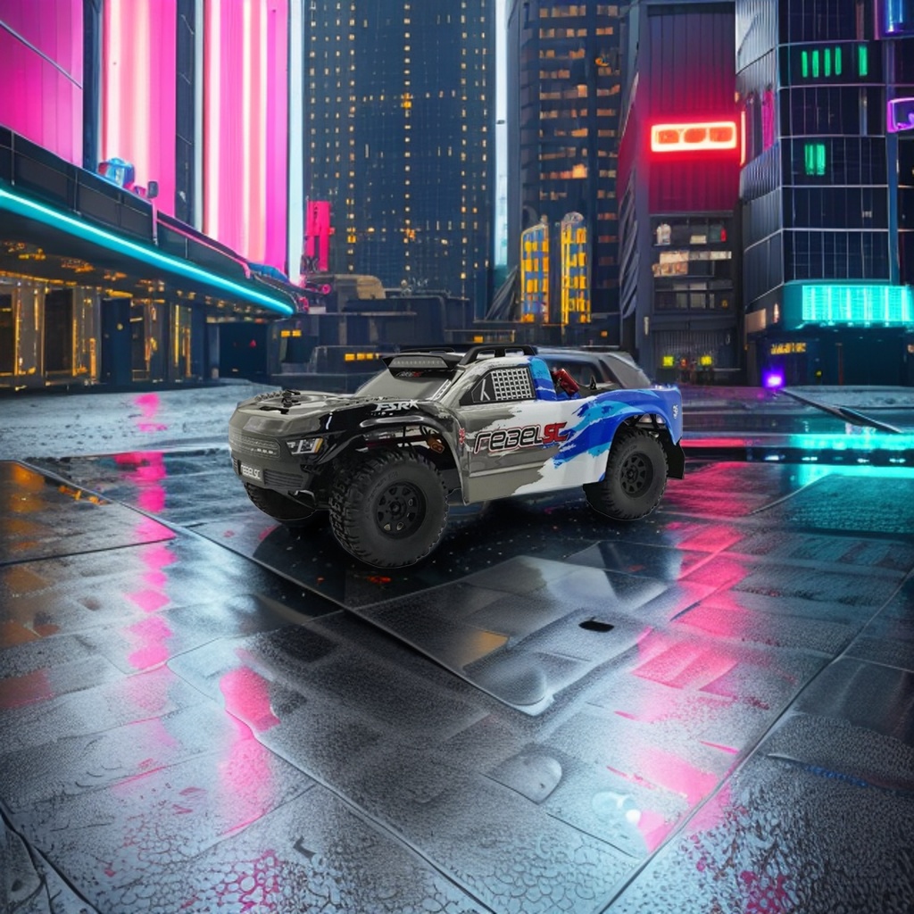 The blue, black and grey painted remote-controlled off-road pickup truck features a high-torque four-wheel drive metal chassis that is suitable for climbing Application Scenario