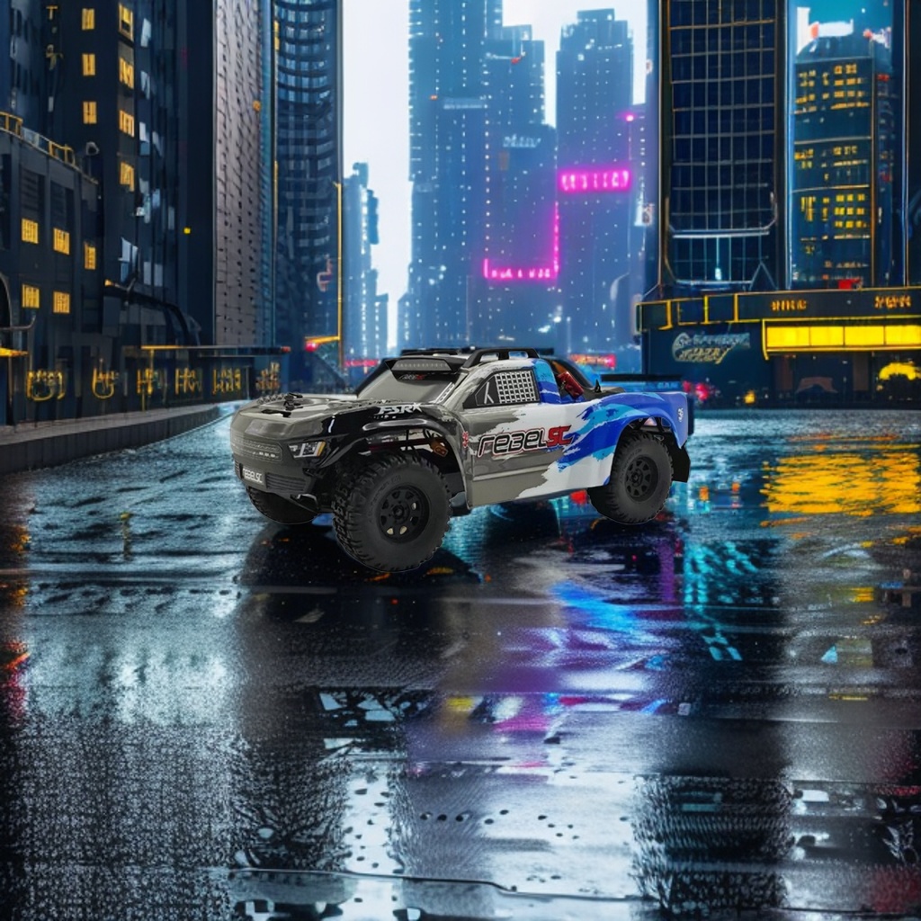 The blue, black and grey painted remote-controlled off-road pickup truck features a high-torque four-wheel drive metal chassis that is suitable for climbing Specification image