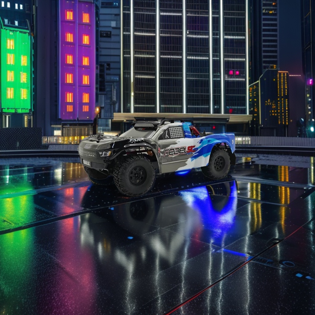 The blue, black and grey painted remote-controlled off-road pickup truck features a high-torque four-wheel drive metal chassis that is suitable for climbing