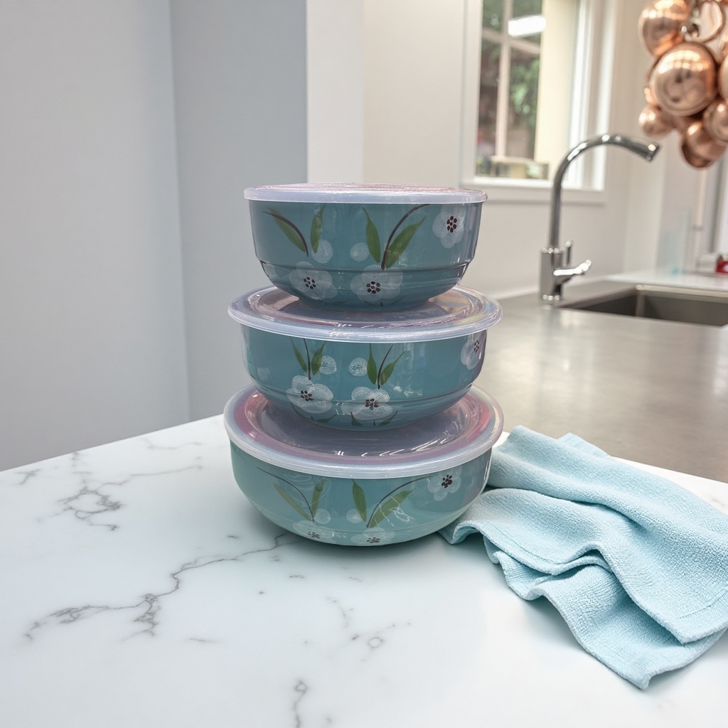 蓝绿色花卉图案陶瓷碗套装 家用餐具简约北欧风