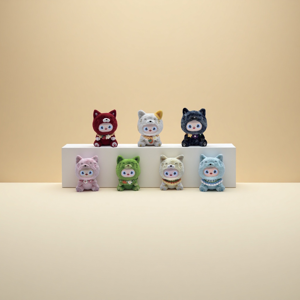 七款毛绒猫形玩偶，分别呈现枫焰红、云棉白、墨曜黑、桃酥粉、竹青绿、蜜杏黄、溪蓝浅蓝七种配色，每只均身着对应色系动物造型连体衣，露出圆脸蓝眼卡通表情，颈间饰有花朵或果实图案围兜，呈两排三三排列展示细节图