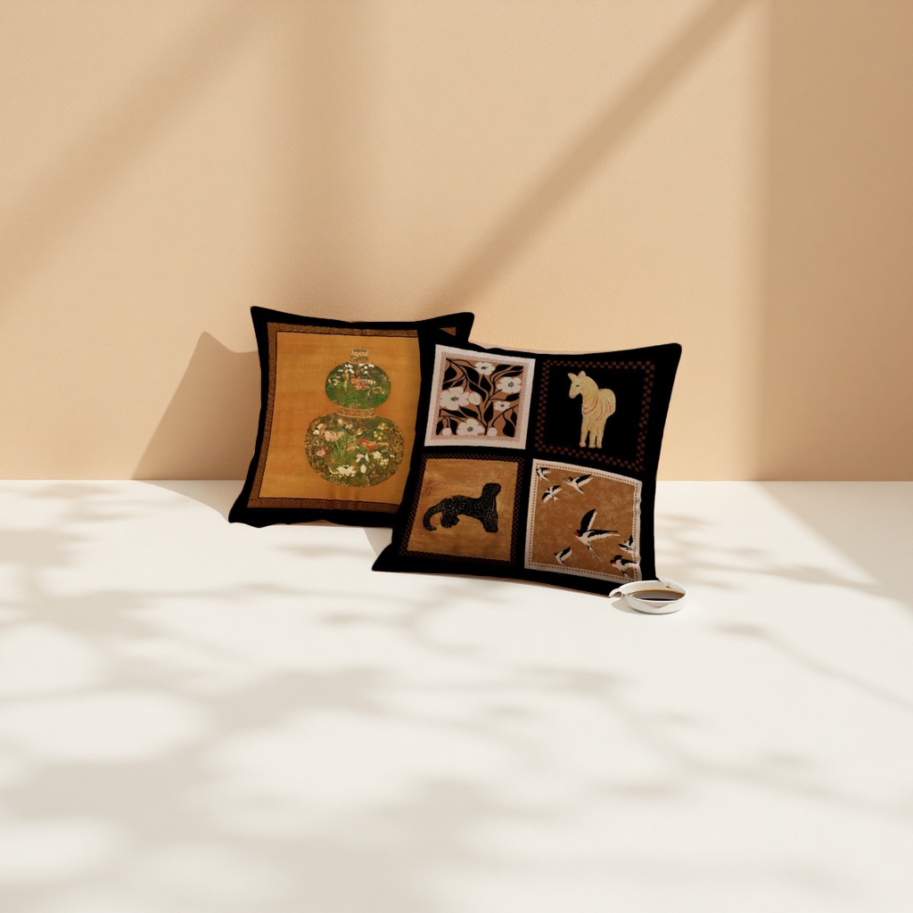 Black background patterned gourd-patterned cushions, brown leather sofa paired with white porcelain coffee cups, plates and booklets