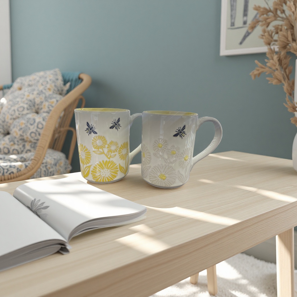 Yellow flower bee-patterned mug, ceramic coffee cup, daily-use household cup