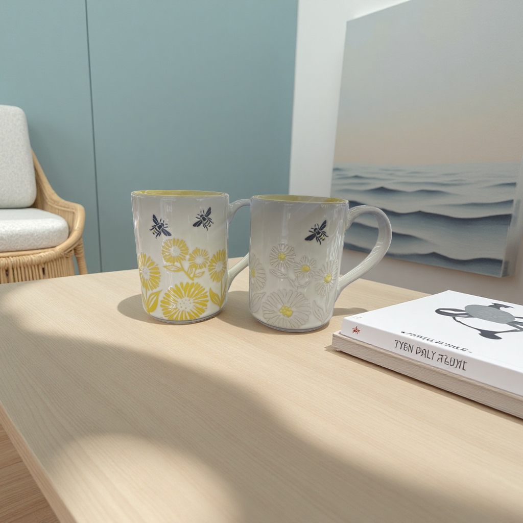 Yellow flower bee-patterned mug, ceramic coffee cup, daily-use household cup details Picture