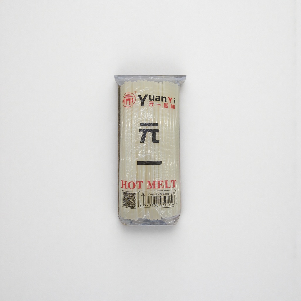 元一胶棒米白色热熔胶棒透明塑料袋包装印有Yuan Yi一元HOT MELT条形码产品图