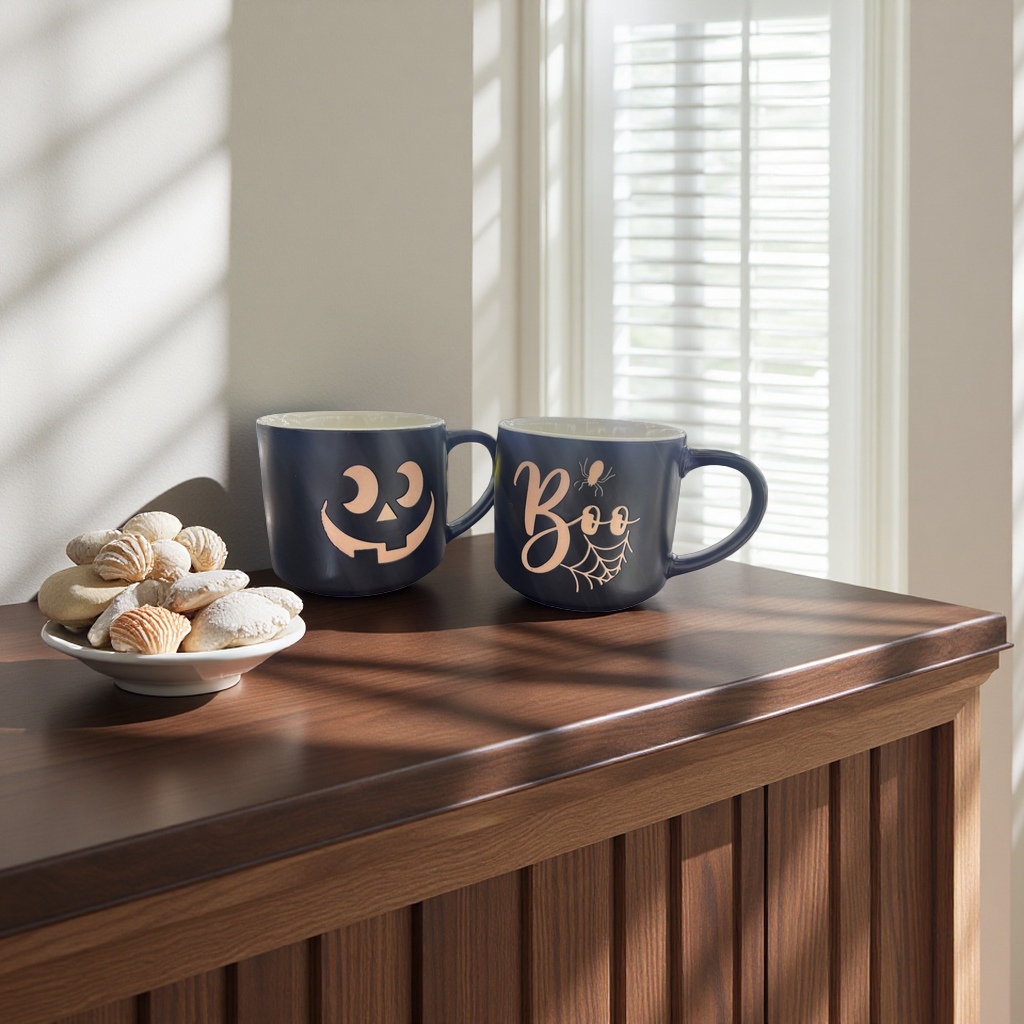 Black pumpkin lantern and Boo spider web double-pattern mug Specification image