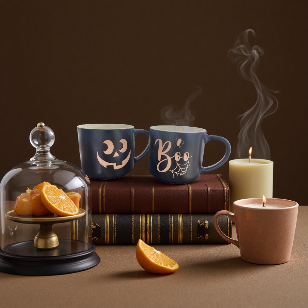 Black pumpkin lantern and Boo spider web double-pattern mug Application Scenario