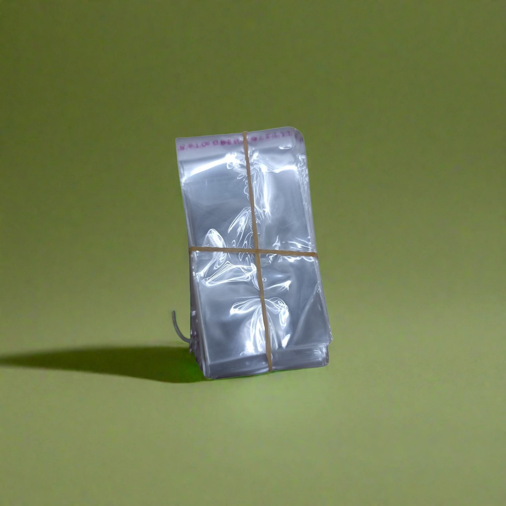 Thick transparent plastic bags stacked with yellow rubber bands for home kitchen storage Specification image