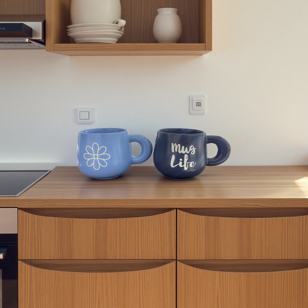 Blue flower mugs and black mug Life mugs Application Scenario