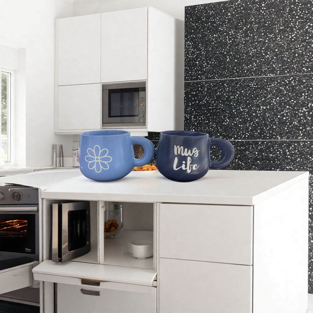 Blue flower mugs and black mug Life mugs