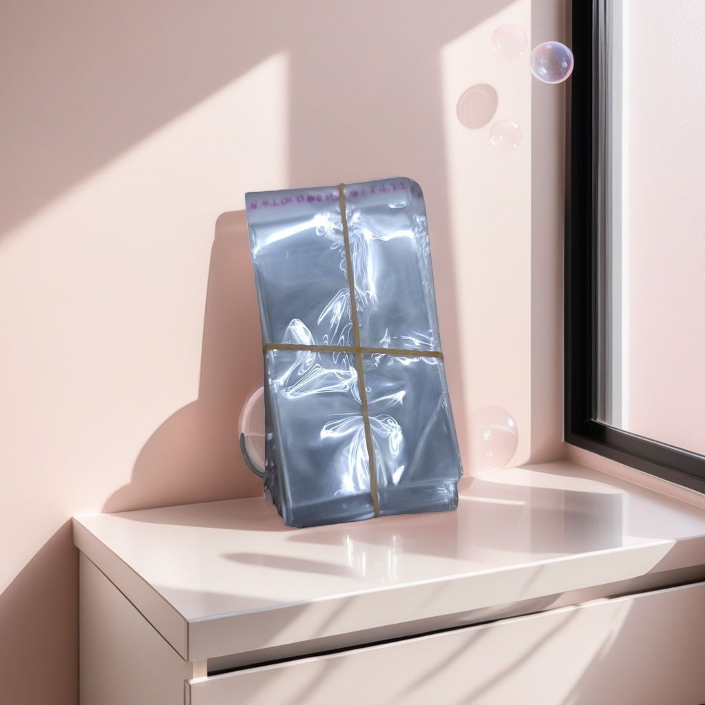 Transparent plastic bags stacked with rubber bands tied for portable storage, made of food-grade PE material