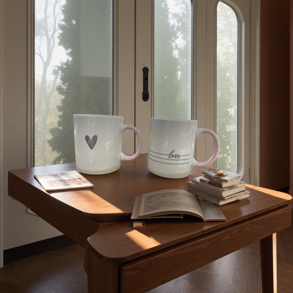 A white heart-shaped hollowed-out mug with the word "love", a pink handle, and a dark wooden table background