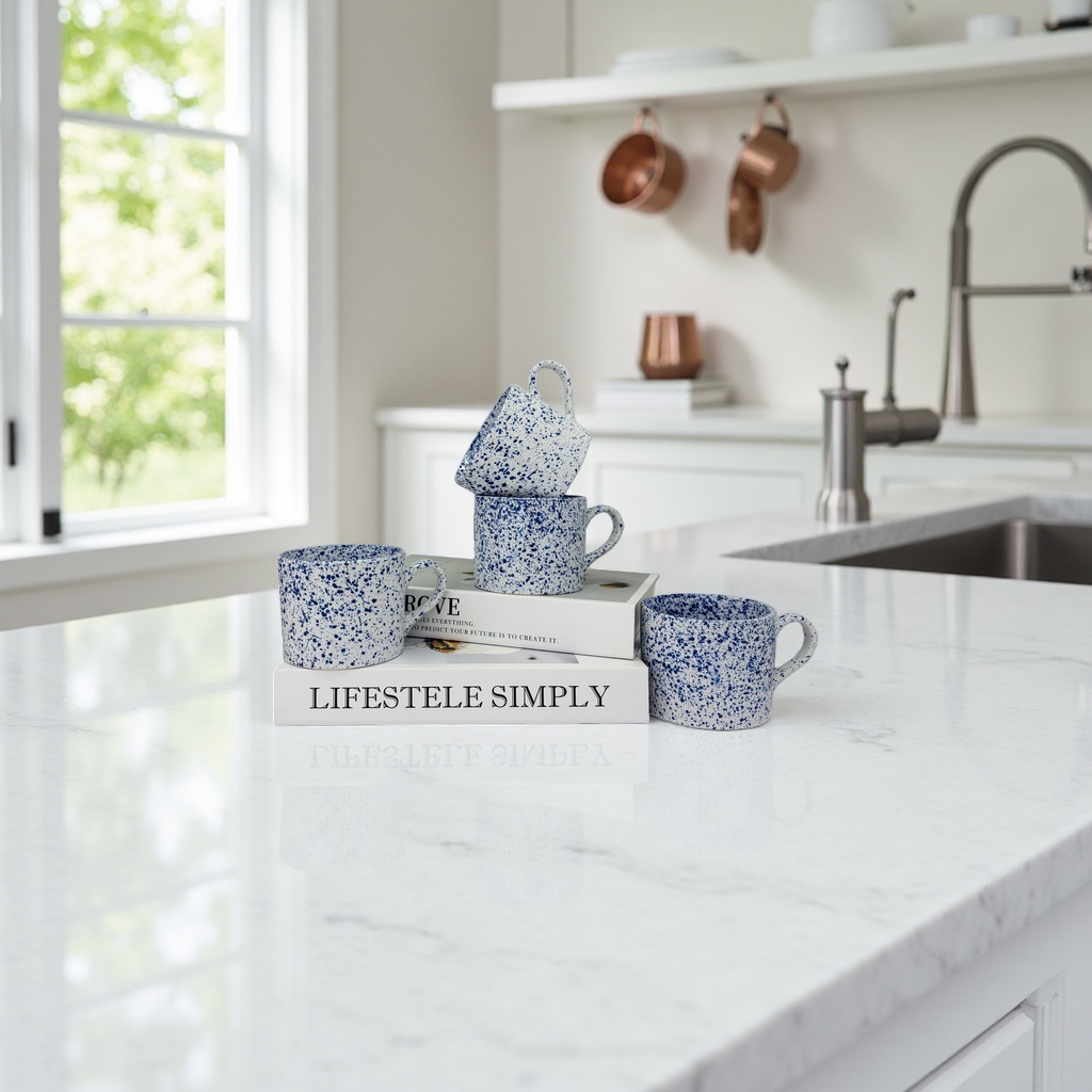 Blue and white spotted ceramic mug, simple home water cup, 350ml, heat-resistant handle details Picture